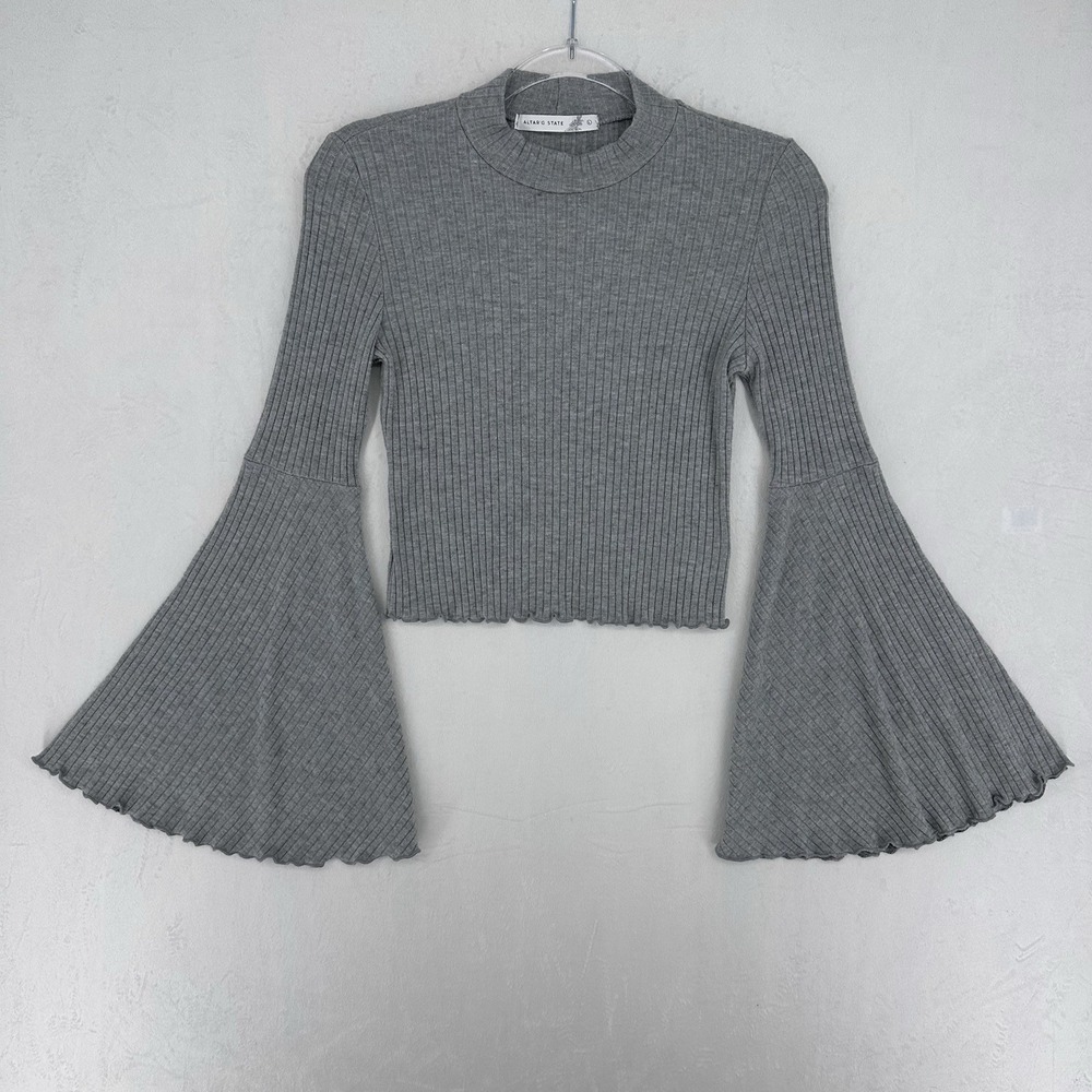 Altar'd State Ribbed Knit Bell‎ Sleeve Crop Top Women's Large Gray Stretch